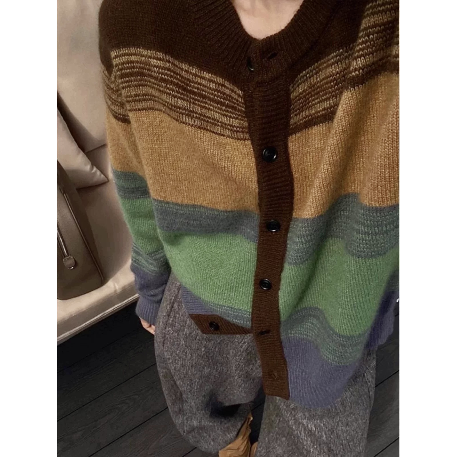 /彩条开衫/复古高级感撞色条纹针织开衫 衣长58 23006