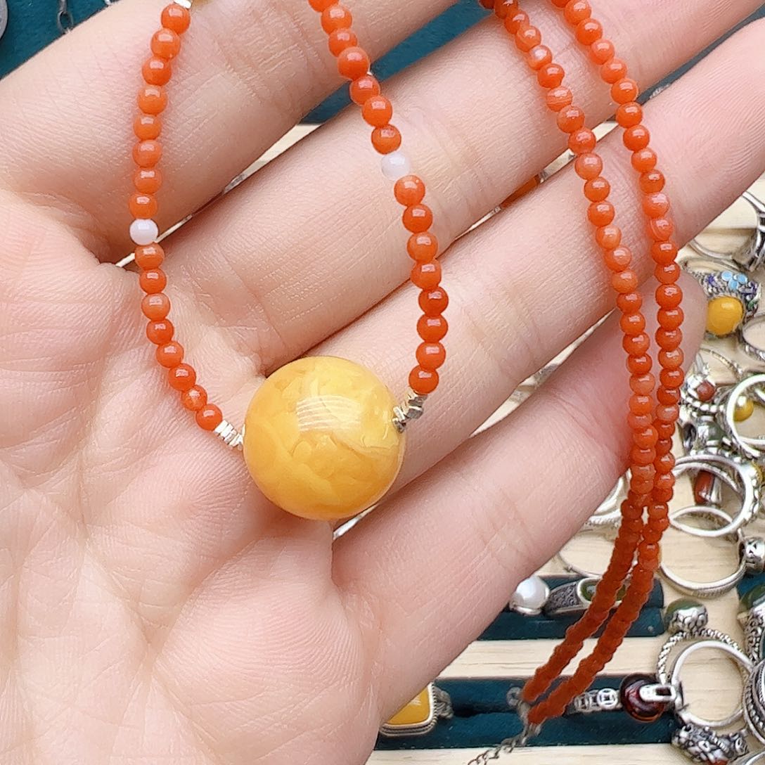 蜜蜡颈饰银S925镶嵌天然