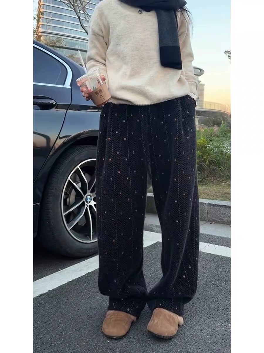 秋冬彩色星空编织加厚保暖洋气百搭高腰显瘦窄版直筒裤休闲裤