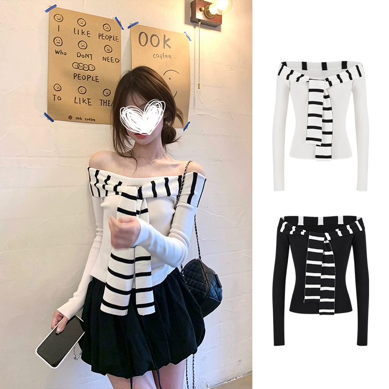 Moses Queen/魔西女王韩系条纹飘带拼接一字肩针织衫修身收腰上衣