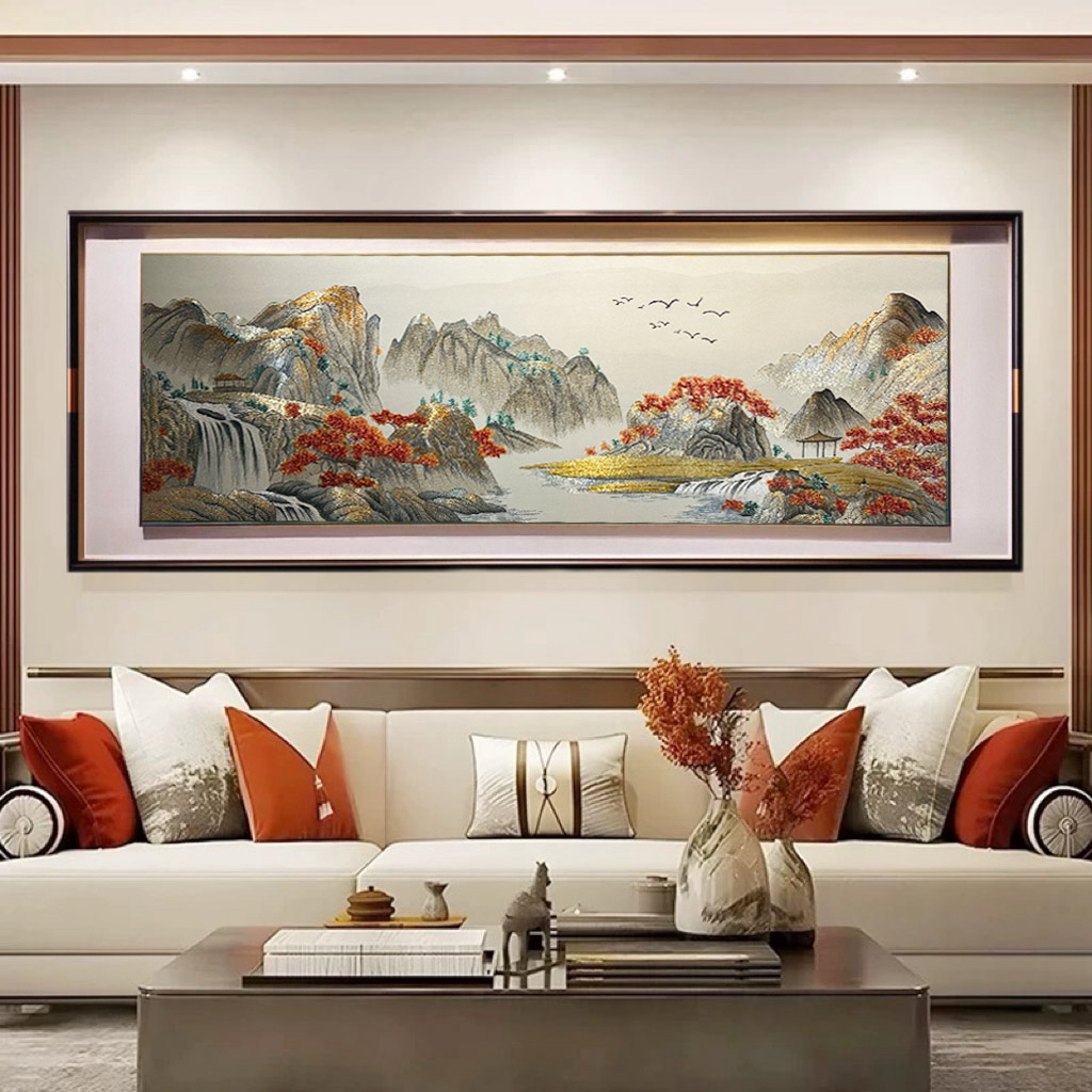 新中式织锦绣聚财山水高端双框客厅沙发高密度苏州刺绣背景装饰画