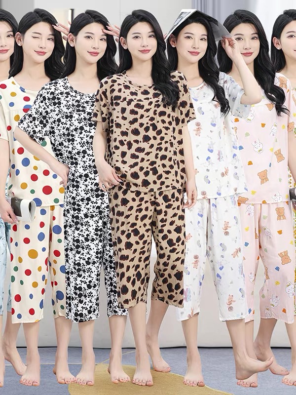 中老年女装夏季薄款印花棉绸家居服两件套睡衣女款爆款2025新款