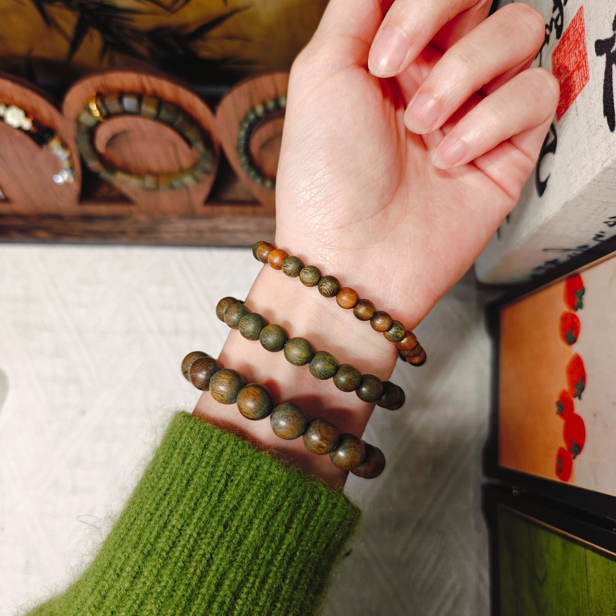 手链 天然绿檀木圆珠单圈手串情侣款