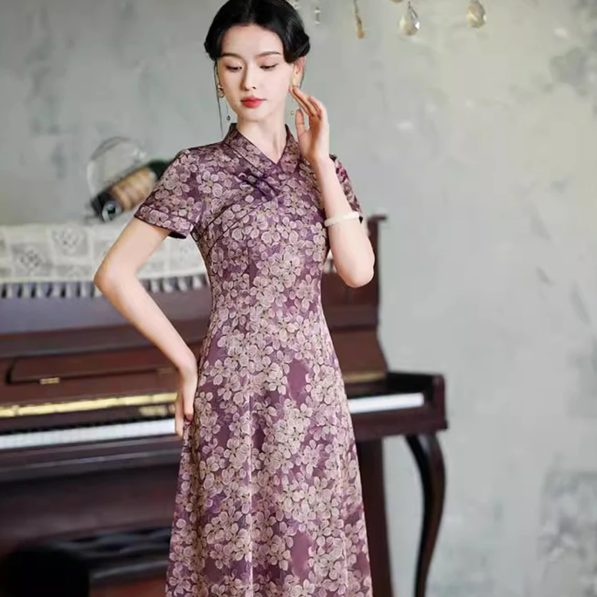 9781-旗袍2025夏季新款女连衣裙改良版大裙摆气质印花中年妈妈日