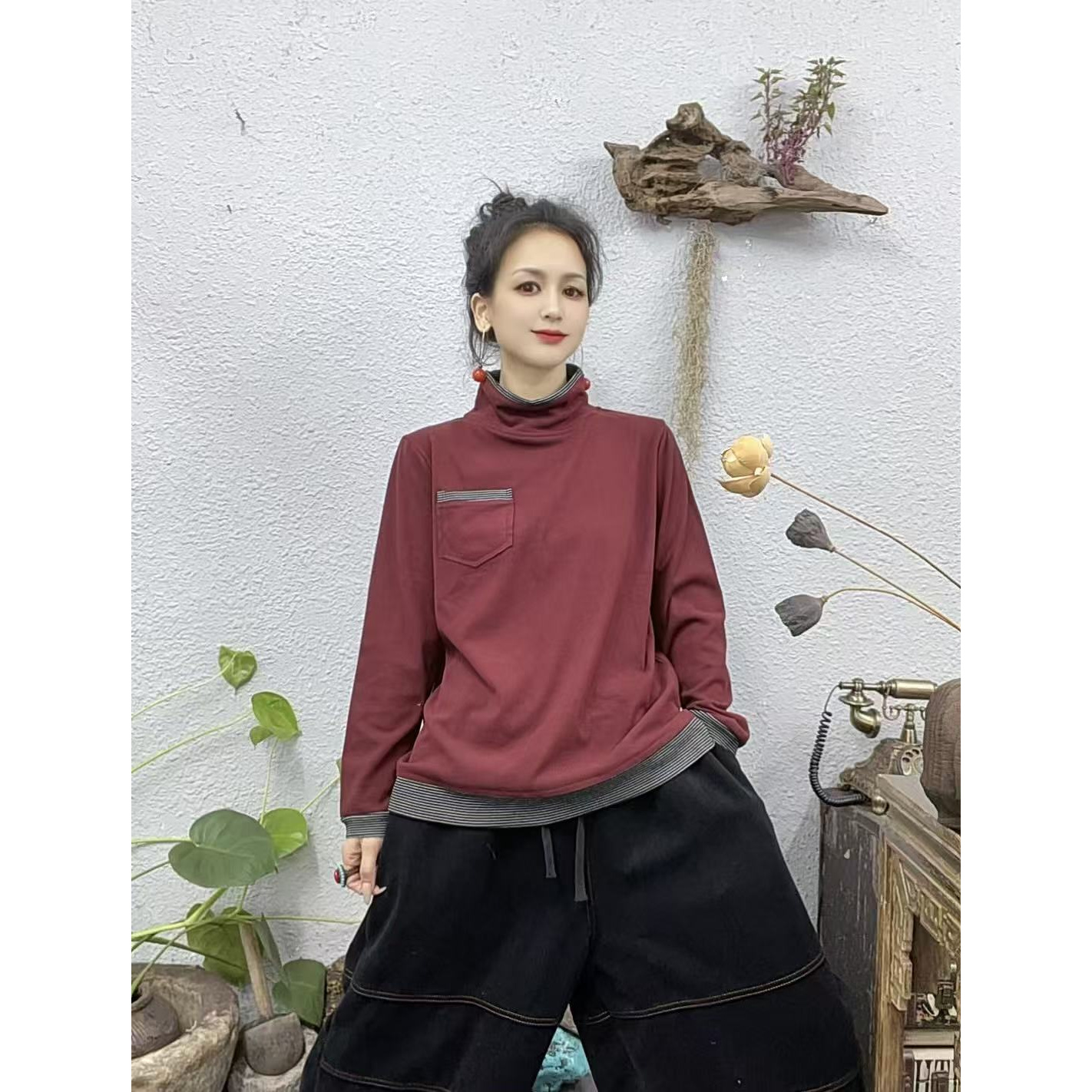 098双面绒领口下摆拼接条纹打底上衣（长66胸围120-160