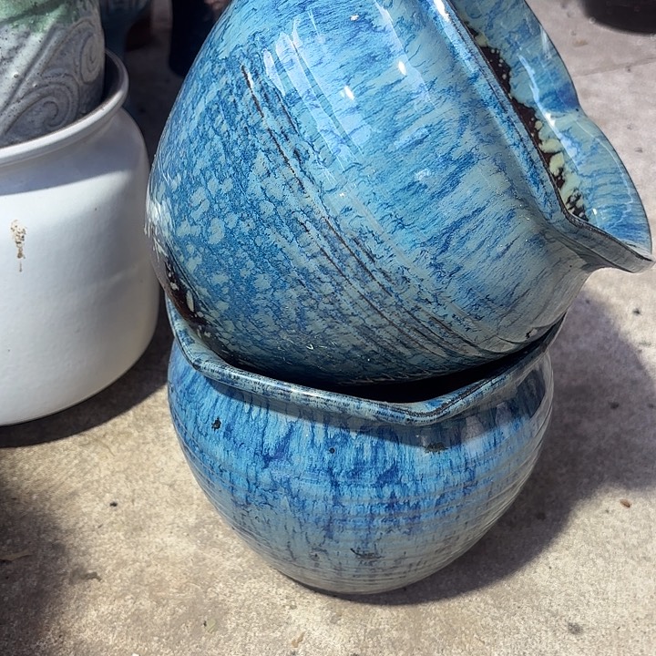 紫砂茶碗蓝雪花两个口径20*19