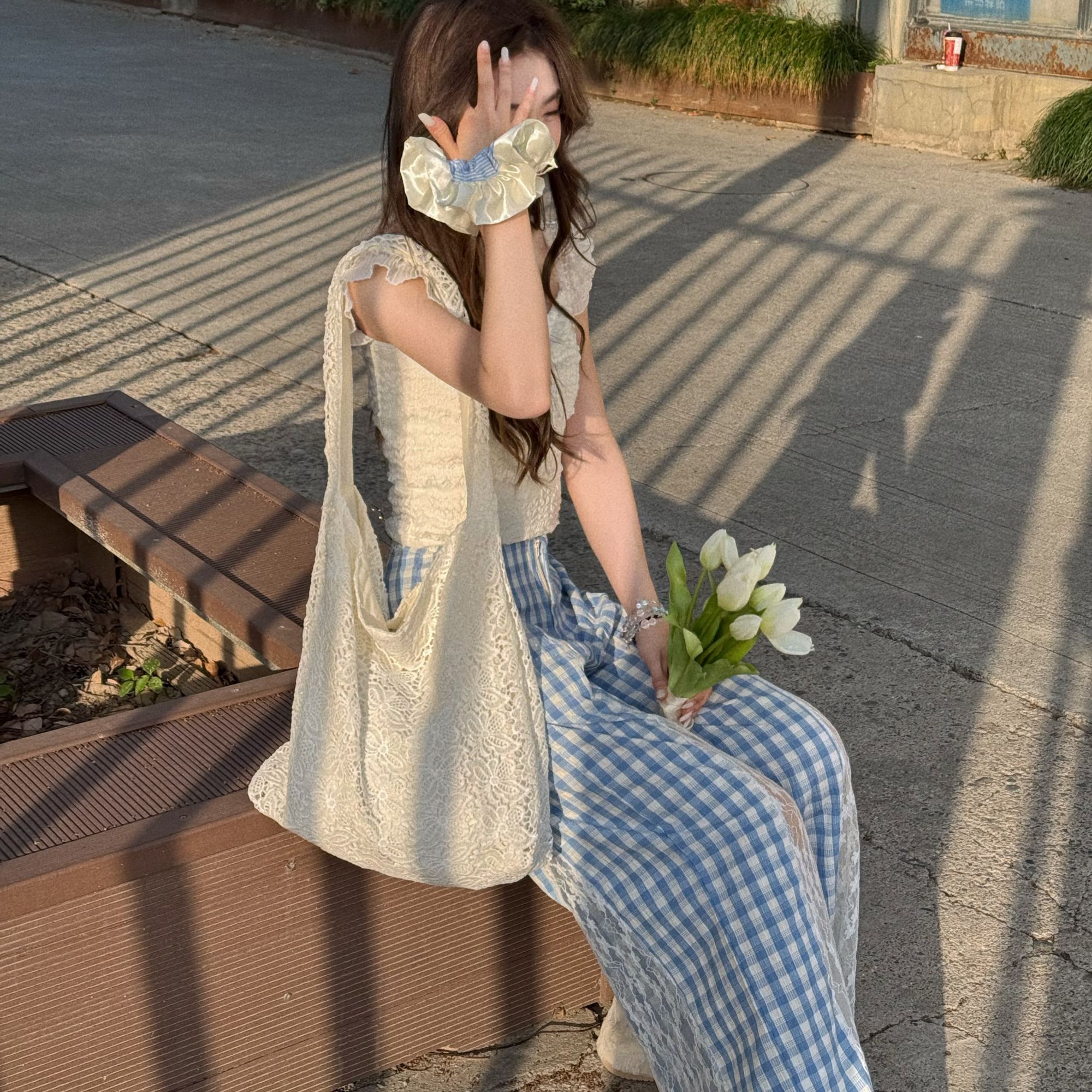 纯欲辣妹气质显瘦高腰百搭设计感撞色新款蕾丝格子长裤BY8040-裤