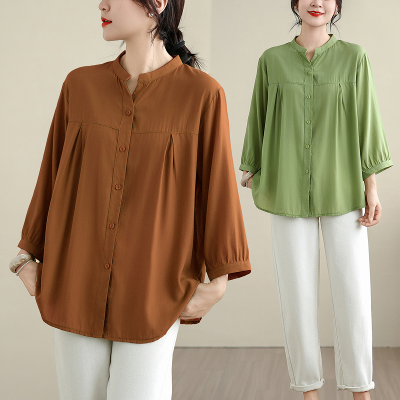 2025春秋夏大码女装七分袖防晒开衫上衣女胖MM衬衫女纽扣衫立领衫
