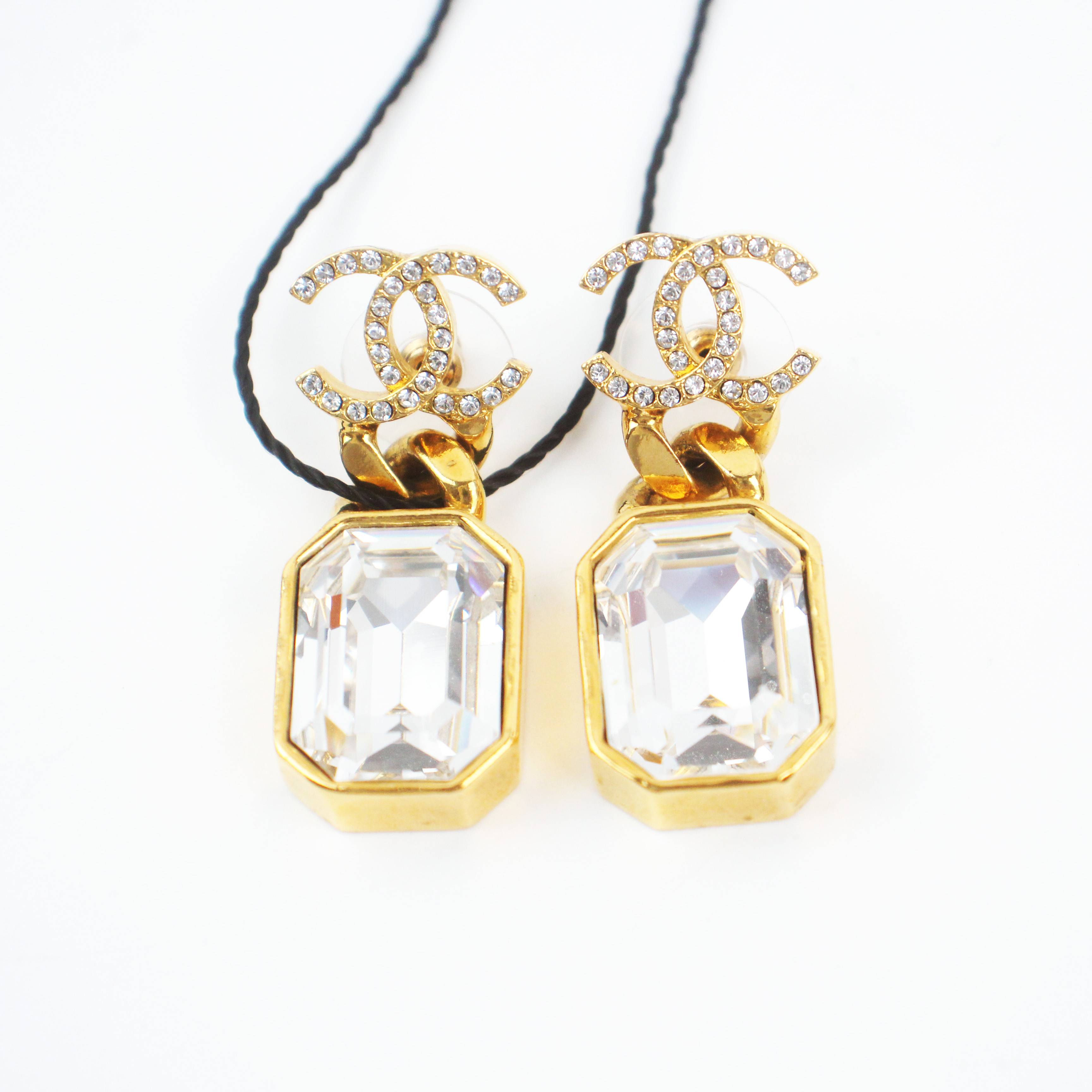 95新 Chanel/香奈儿 76740S 金色双C方形吊坠耳钉