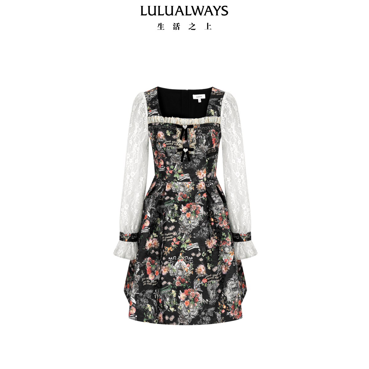 LULUALWAYS25春季新款法式复古优雅小众提花木耳边连衣裙LQA503V