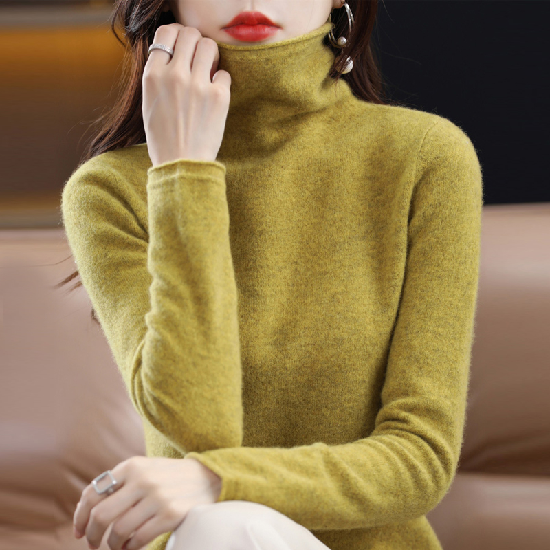 100纯羊毛堆堆领针织气质修身美丽诺衫秋冬纯色高领毛