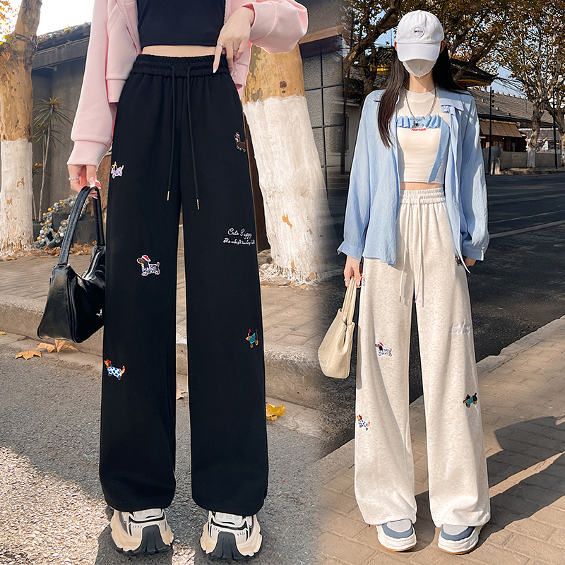 2025新款趣味设计卡通腊肠狗图案阔腿裤女高腰直筒休闲运动裤