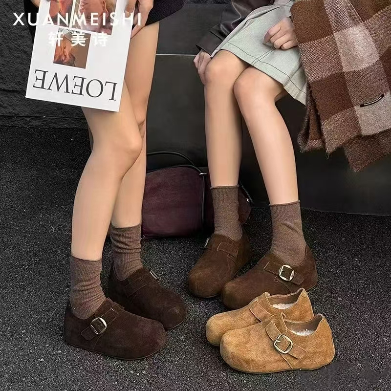 轩美诗秋冬新款533Y70341圆头厚底真皮加绒时尚百搭休闲勃肯女鞋