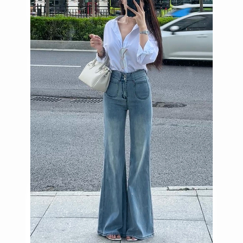 浅色高腰宽松阔腿微喇牛仔裤女25秋季新款小个子显瘦弹力拖地长裤