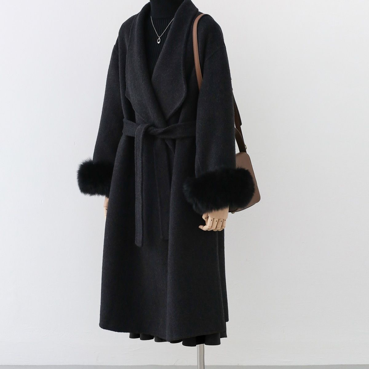 黑色狐狸毛双面羊绒大衣秋冬2025高级气质过膝新款羊毛长款外套女
