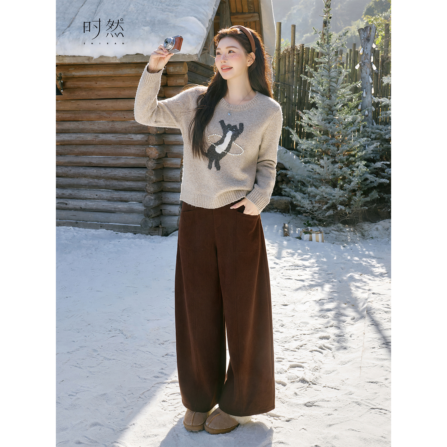 时然【焦糖暖阔】微胖大码女装冬季新款韩系简约百搭实穿显瘦休闲裤