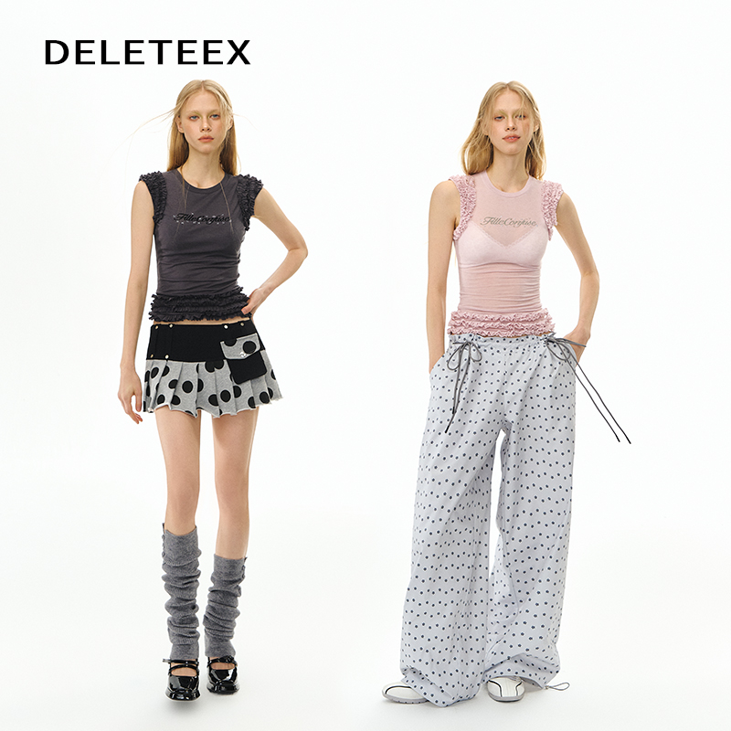 Deleteex原创悠然假期透肤感叠穿花边正肩针织弹力T恤无袖上衣