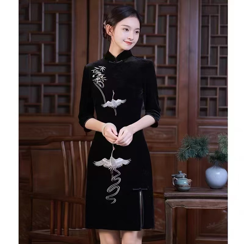 【2919 鹤唳华亭 黑色】显瘦气质修身优雅复古中国风旗袍