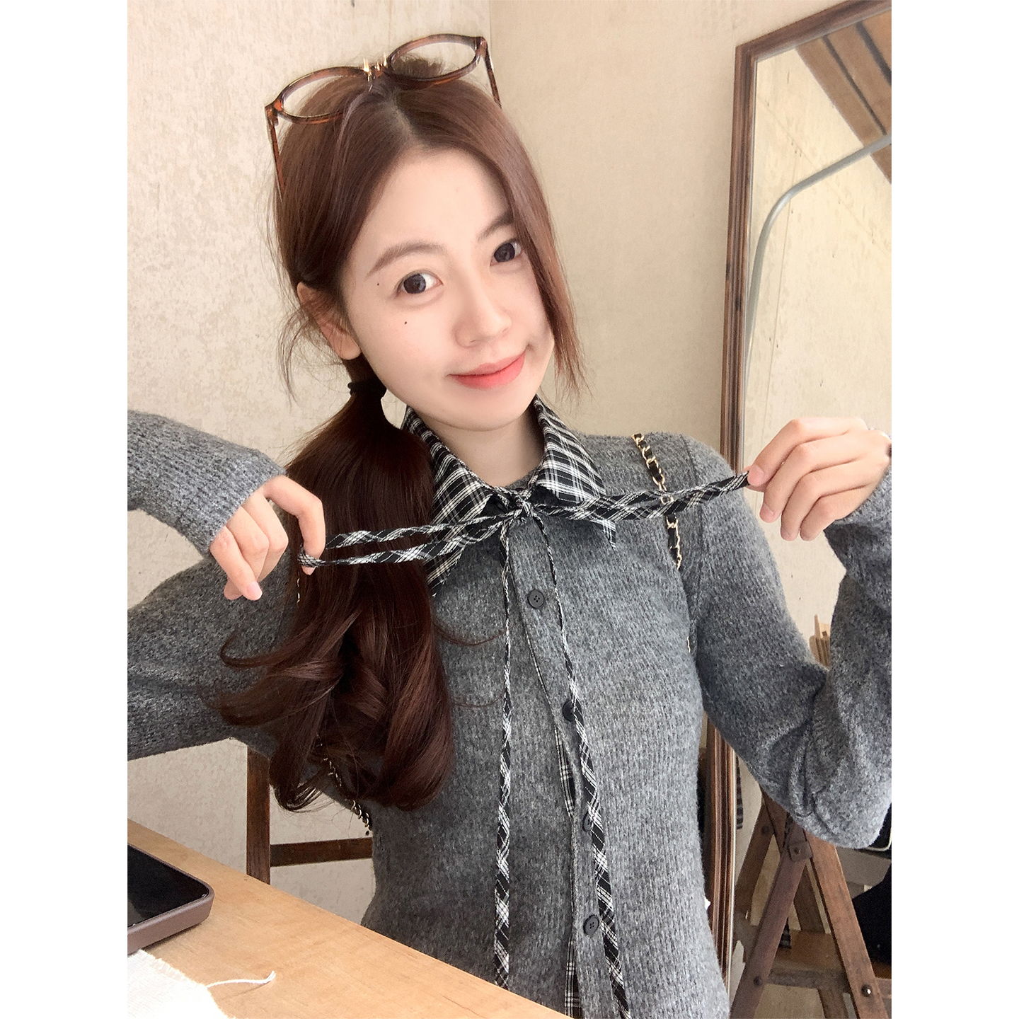 曾小咸 韩系灰色短款针织开衫女秋冬可拆卸领子ZA54MZJ1123