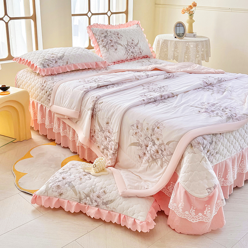 夹棉床盖空调被四件套夏季夏凉被凉感丝面料总重八斤高端凉感床品