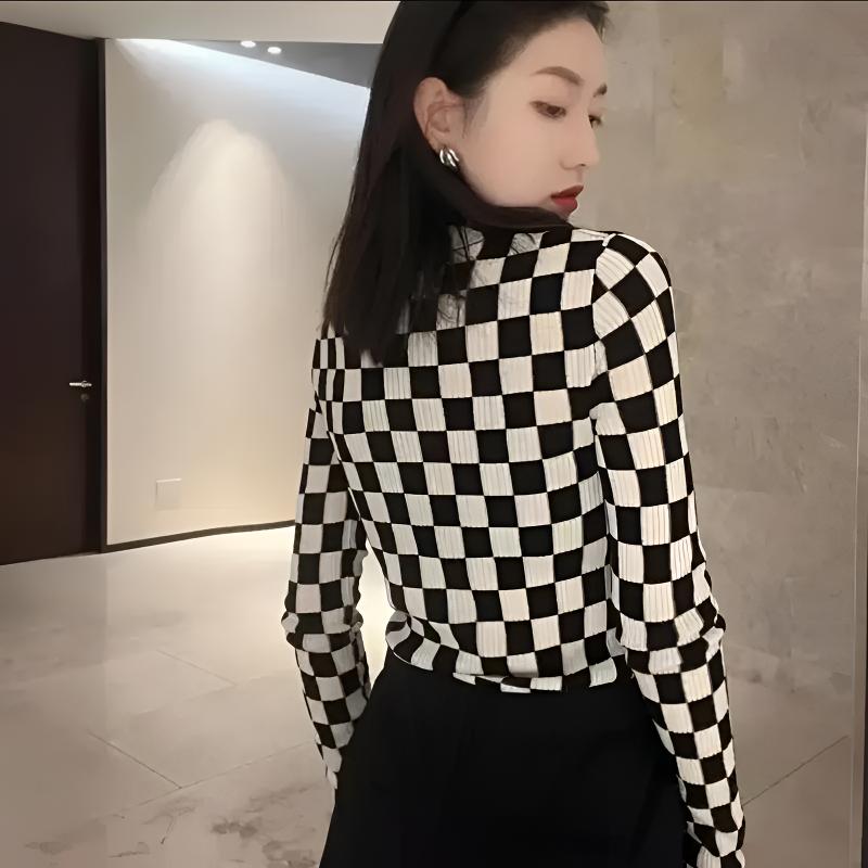 【商场同款】2025春秋长袖新款高领百搭棋盘格针织衫打底衫5399539