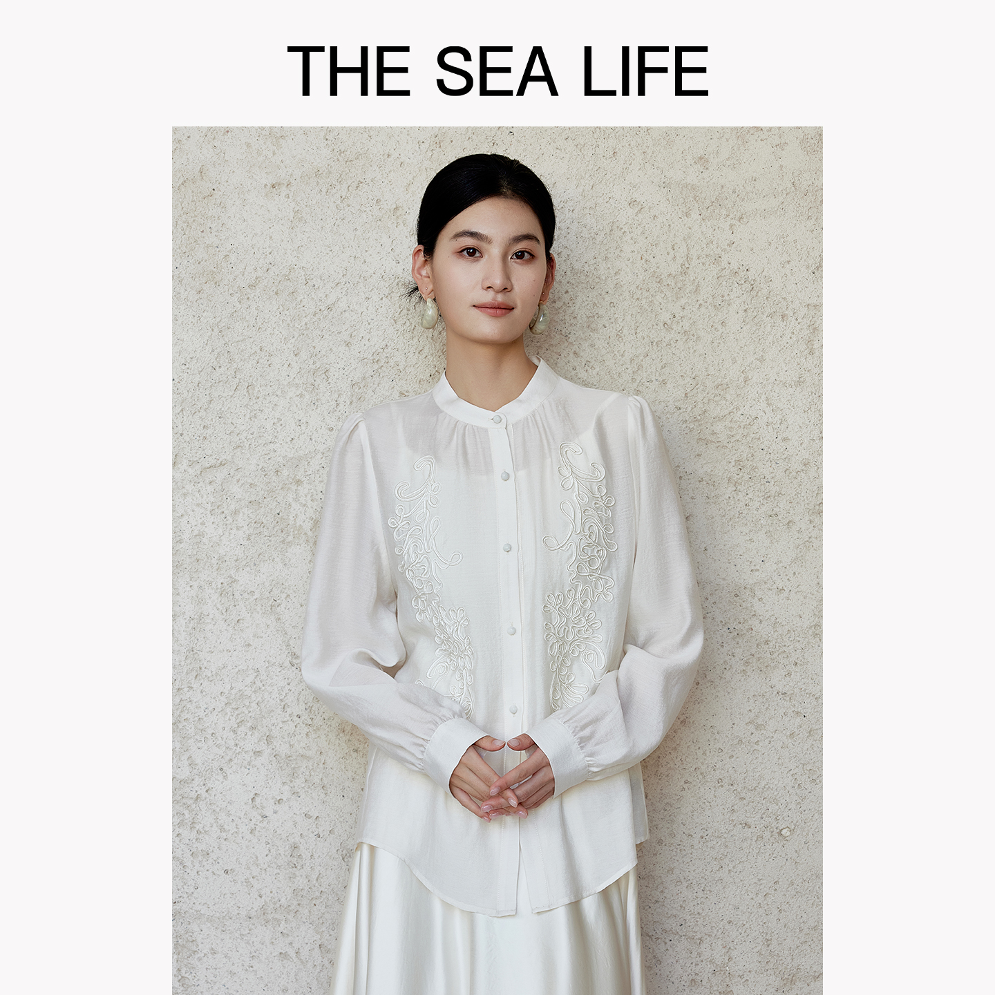 欧海一生衬衫长袖国风刺绣气质流光风立领衬衫thesealife210118