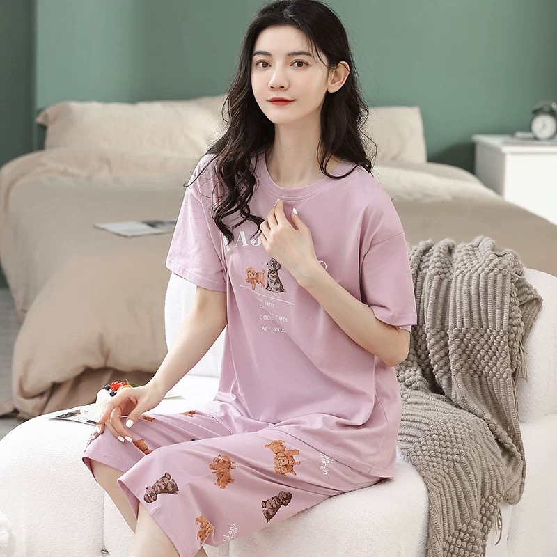 夏季短袖七分裤带胸垫PAJAMAS两只狗套装
