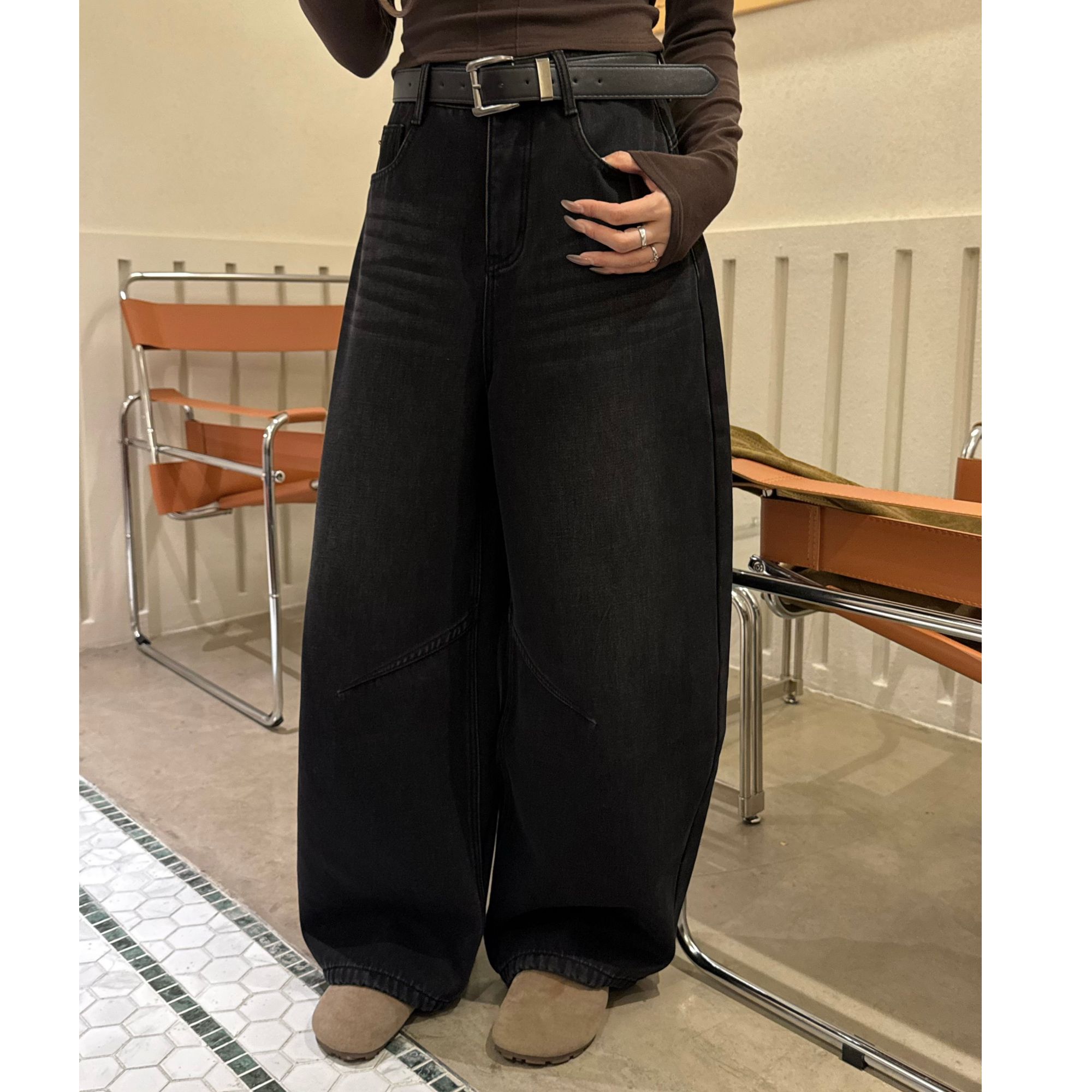 唐火火【云阔漫星】冬季加绒加厚复古美式显瘦牛仔拖地阔腿裤