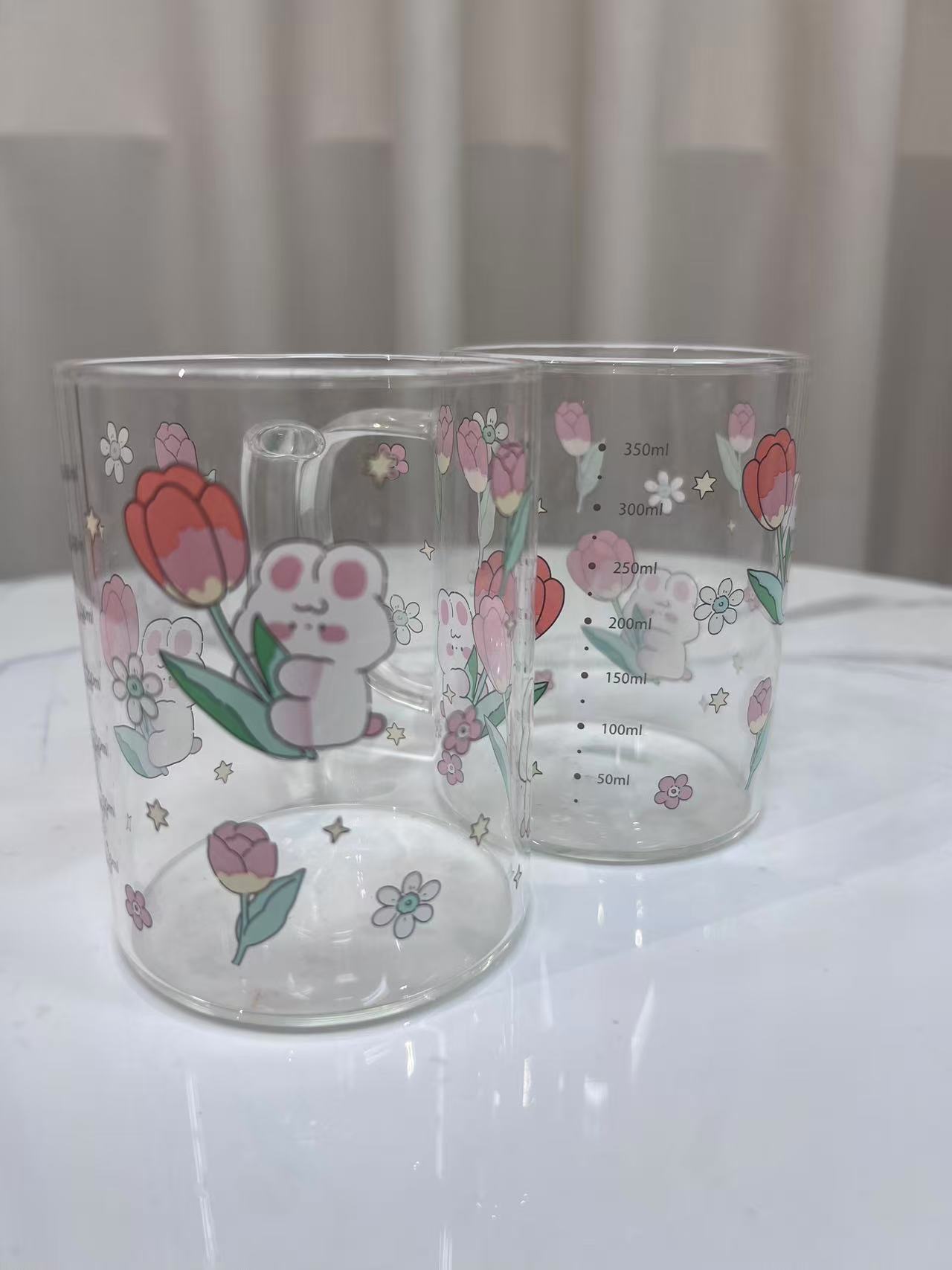 2只装 兔子郁金香杯高硼硅印花茶杯茶具咖啡杯