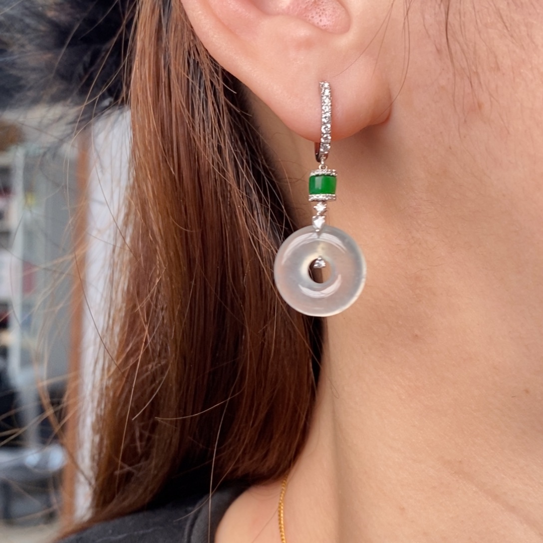 翡翠18K金镶嵌耳饰高冰甜甜圈 一对发货