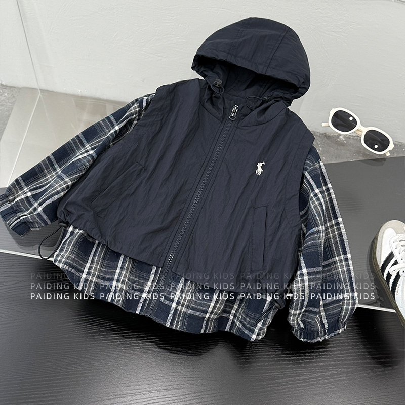 【西西】春秋装儿童韩版格纹假两件宽松连帽拉链式外套SJ6088-QQ1