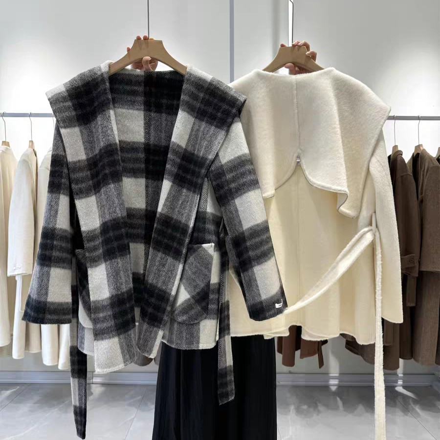 （直播间口感拍）秋冬新款海军领双面羊毛大衣女短连帽复古毛呢大衣