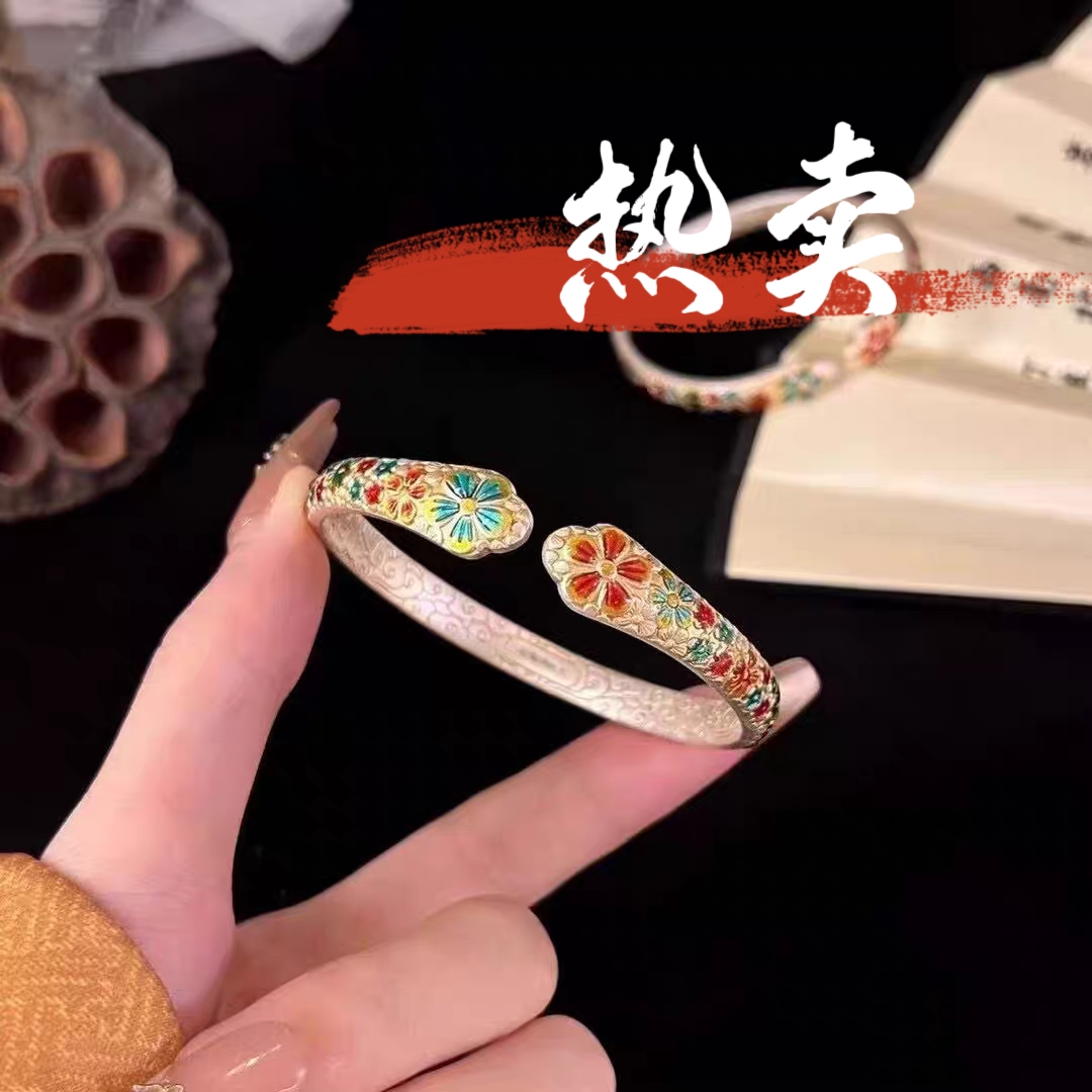 足银手镯 18号-珐琅彩菊猫爪【开口】手镯