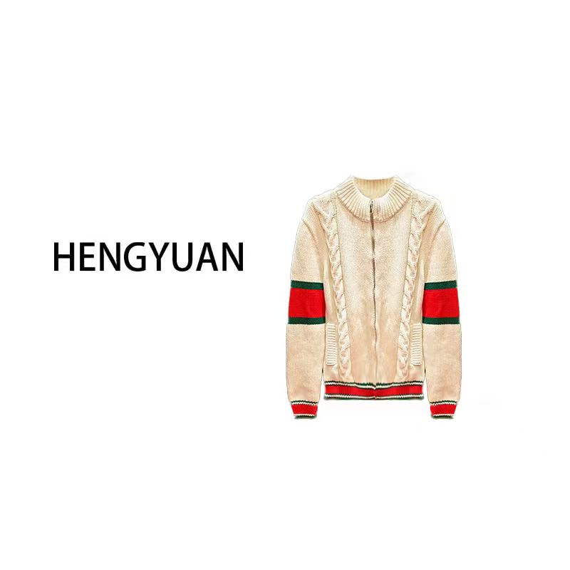 HEYU 绿红条纹针织拉链白色毛衣外套-2335