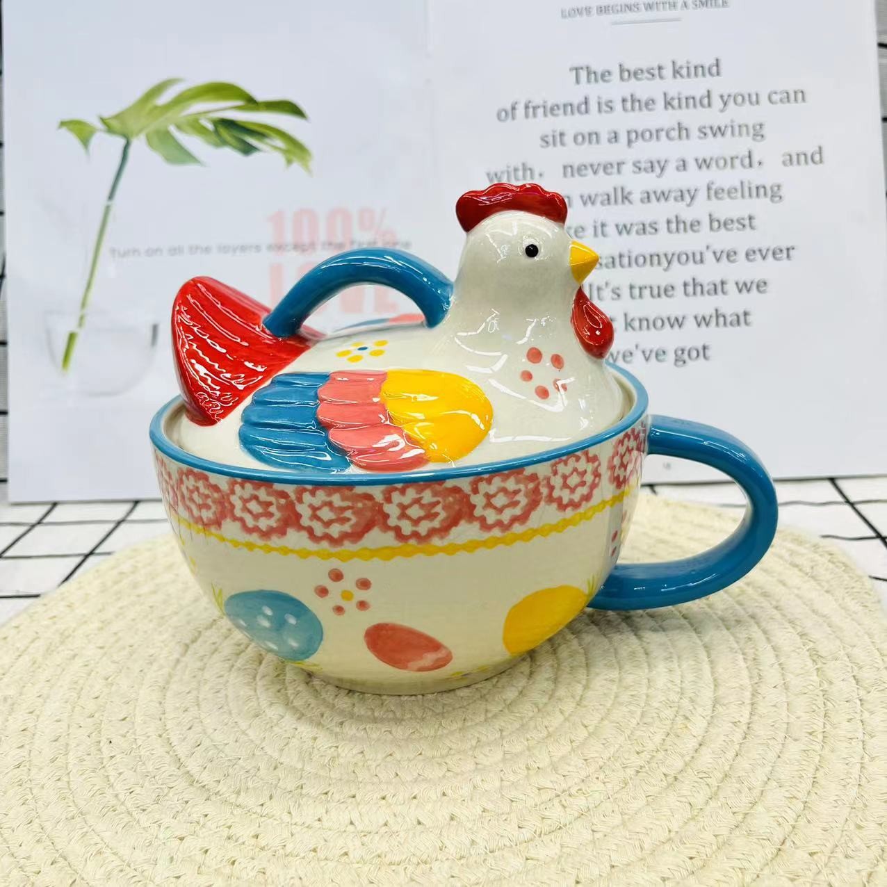 手绘五彩旦手柄母鸡碗杯