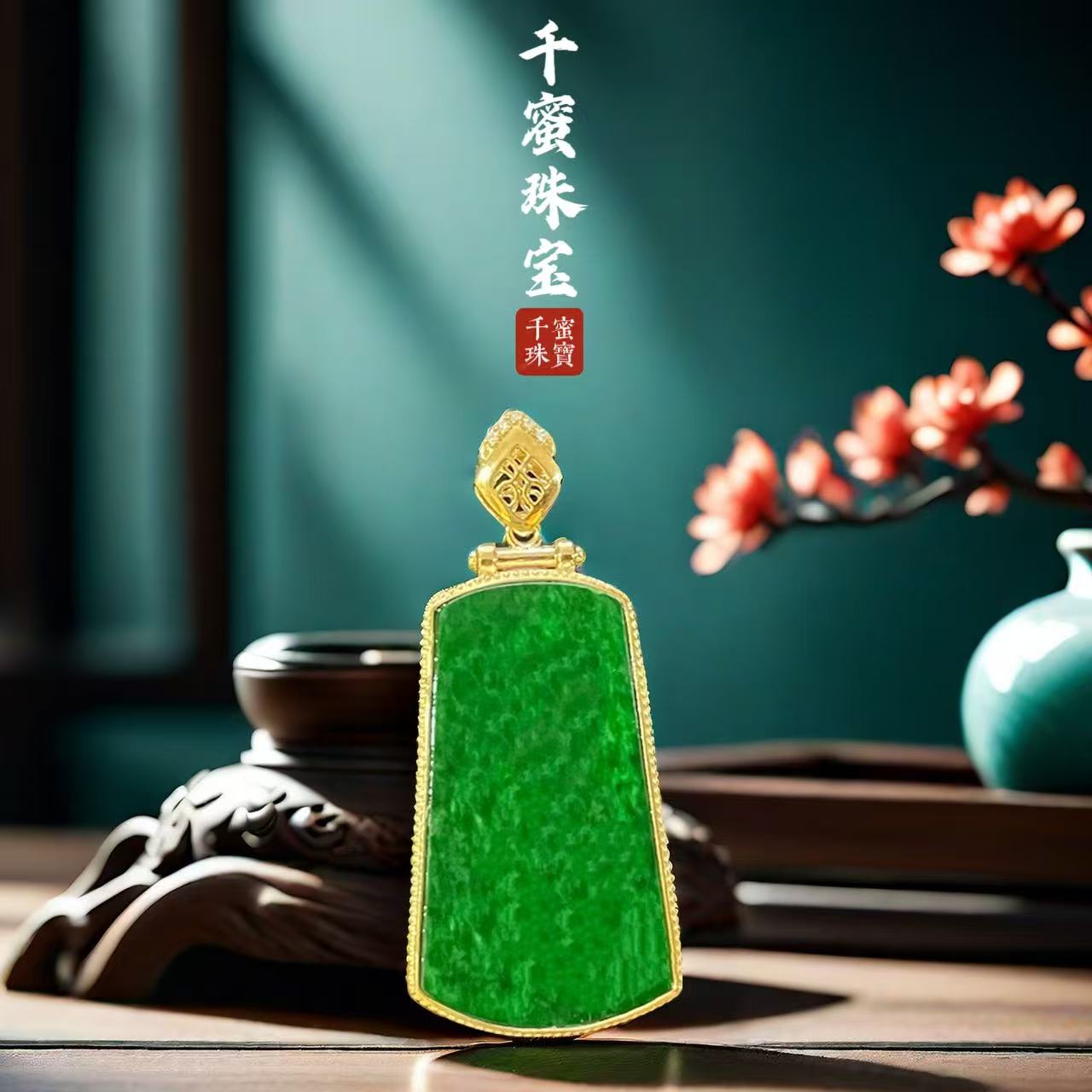 18k天然缅甸A货翡翠四方无事牌吊坠