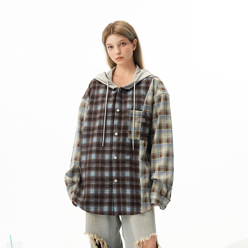 【INXX】潮牌不对称格子衬衫针织连帽长袖上衣男女同款XRF1040541