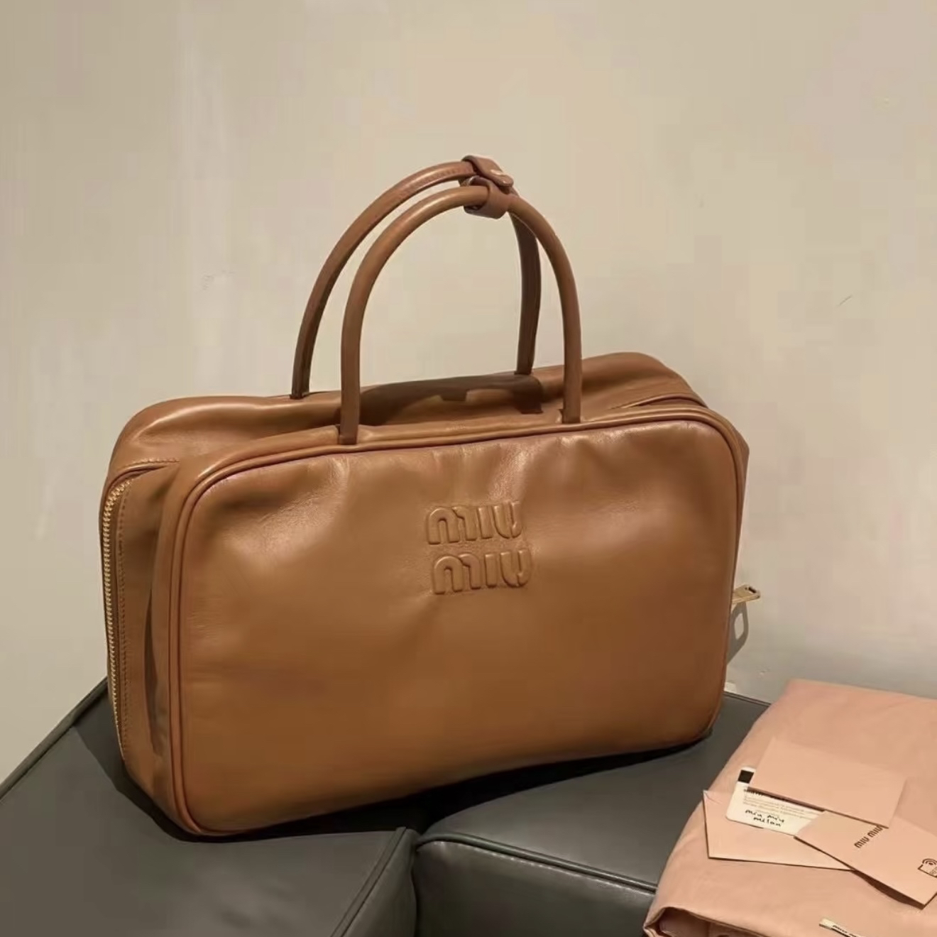 95新 MIU MIU/缪缪 青奢荟/干邑色公文包大号/91132