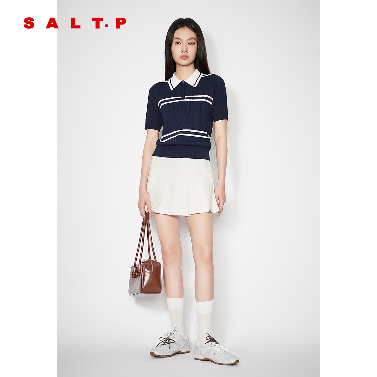SALT.P可颜2025夏季新款藏蓝色学院感POLO翻领毛衫女AC35206340