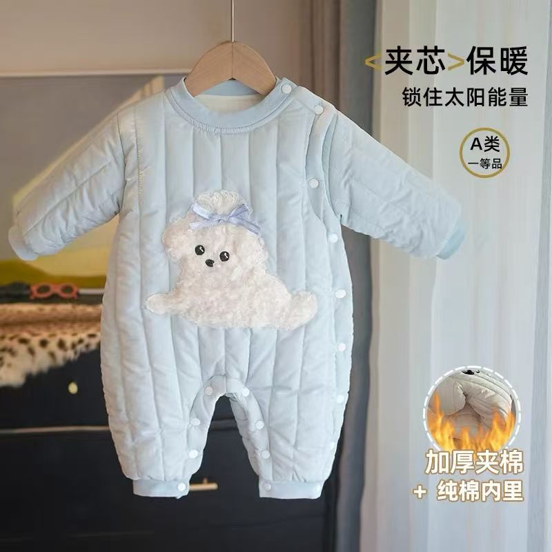 J新款上新加绒夹棉宝宝早冬刺绣百天满月周岁可爱外出连体哈衣D02