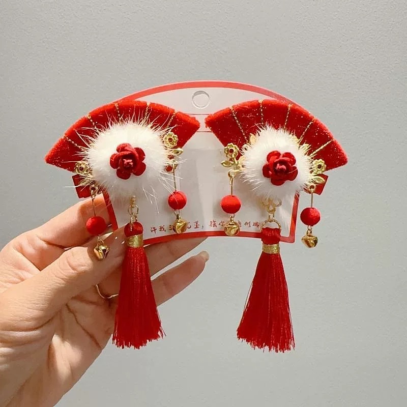 拜年发饰小女孩中国风发卡儿童新年扇子古风发夹汉服头饰对夹4320