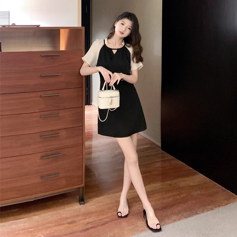 夏季新款大码遮肉撞色胖mm短袖连衣裙女遮肚显瘦收腰A字裙W1585