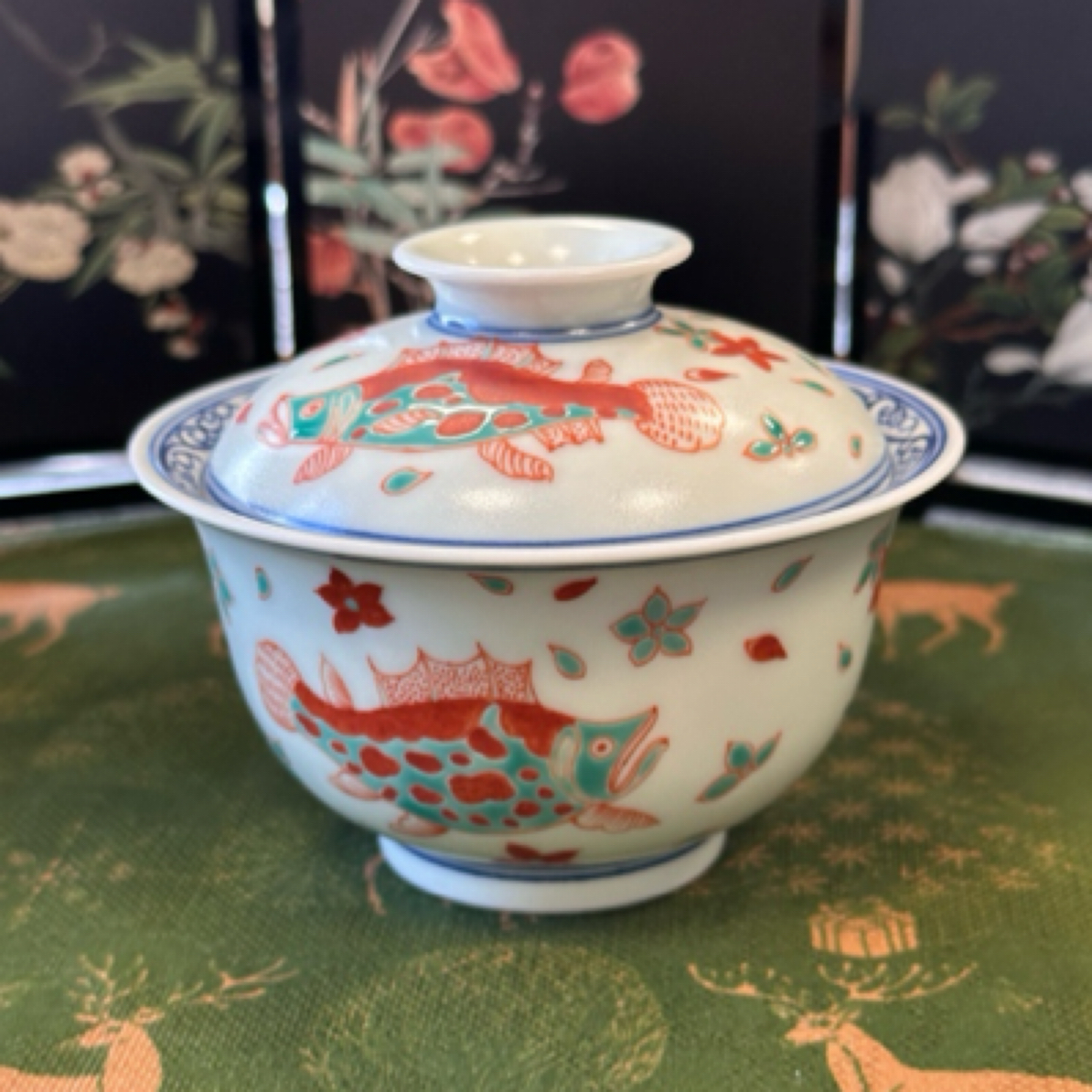 【雨溪山房】红绿彩桃花鳜鱼盖碗YX106