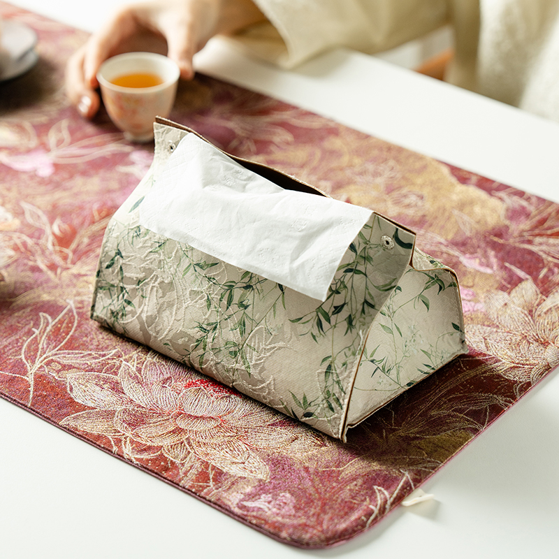 （阿萌茶事）织锦皮革纸巾盒-白梅墨提 茶道配件零配 19x11.5cm