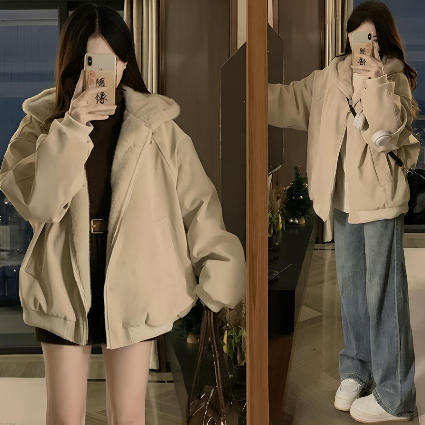 胖mm特大码潮流女装显瘦不臃肿加绒棉服女冬季杏色简约高级感外套