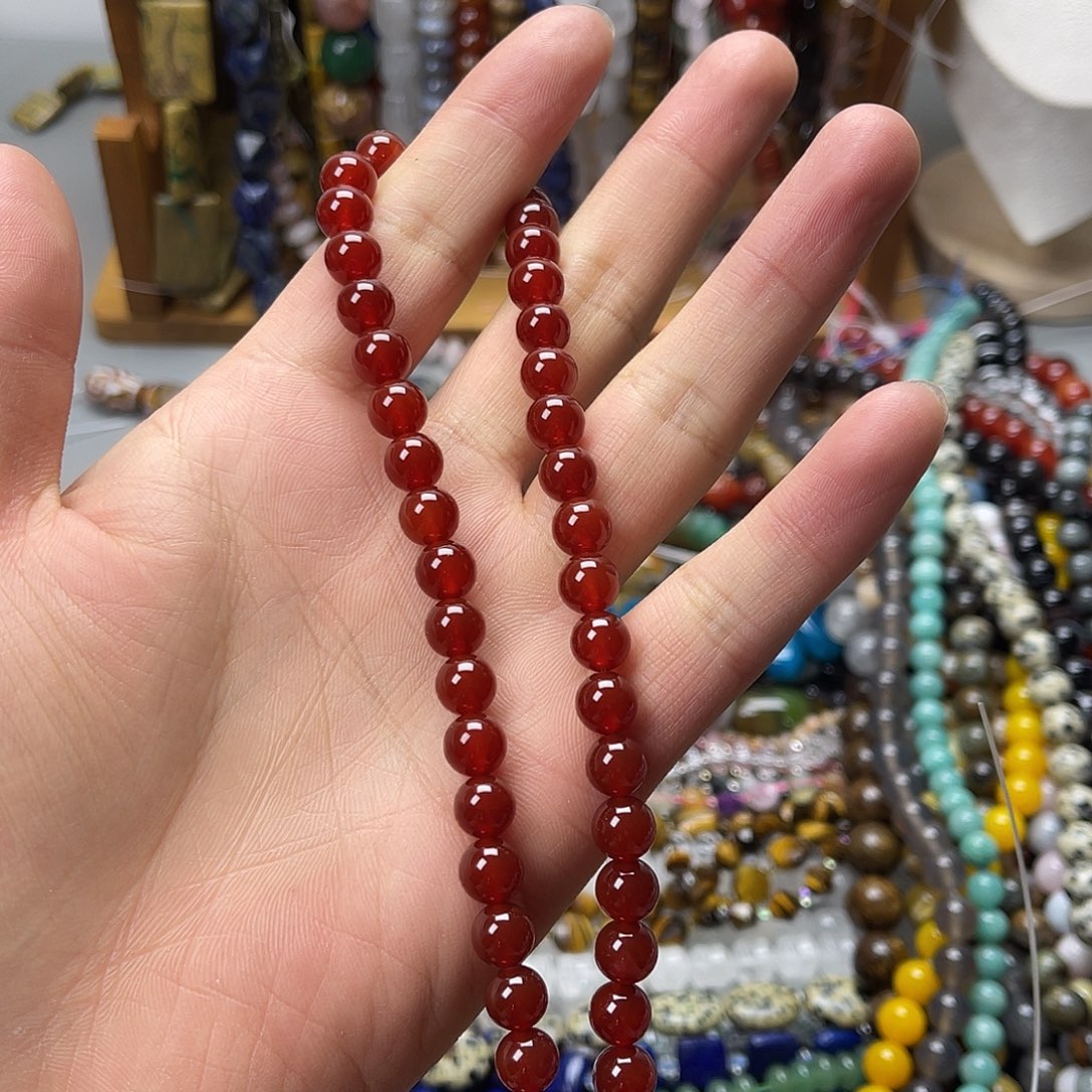 玛瑙/玉髓未镶嵌珠宝半成品卡8红玛圆珠一条