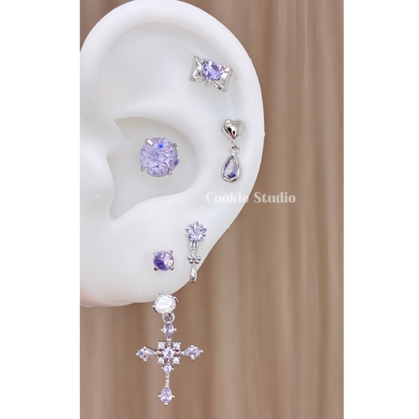 钛钢合成锆石耳饰 丁香结 钛钢耳钉耳骨钉耳蜗钉紫色耳钉