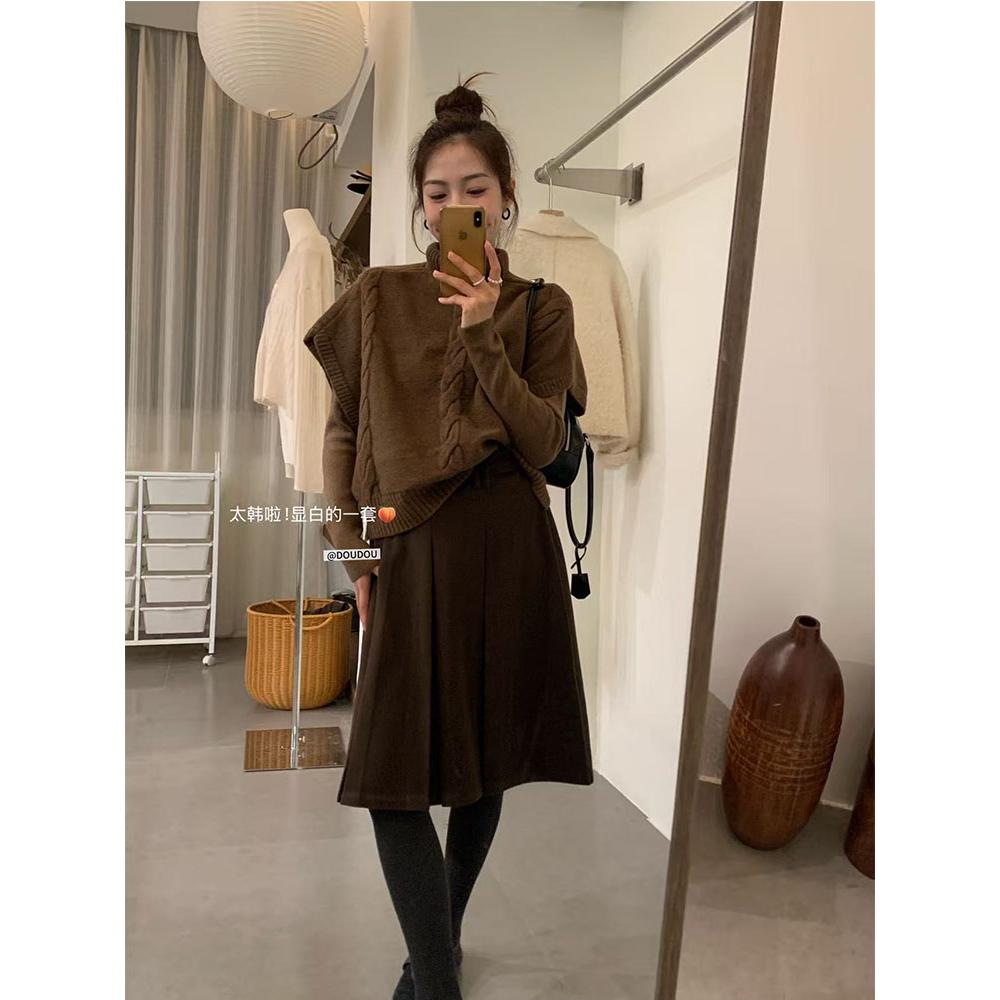 【豆豆】氛围麻花高领斗篷毛衣长袖打底衫两件套女冬季气质针织衫