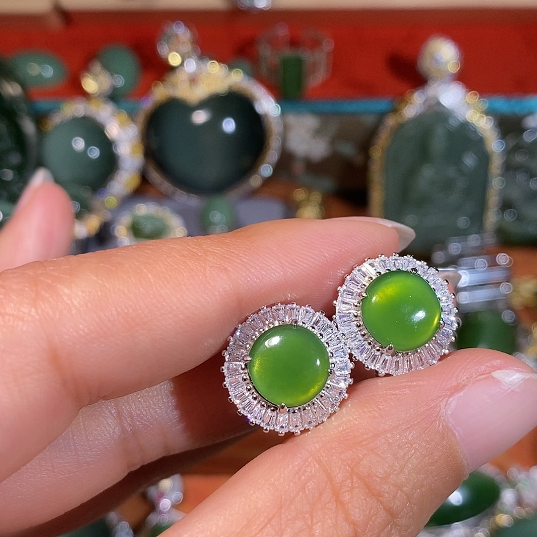 和田玉（碧玉）银S925镶嵌耳饰