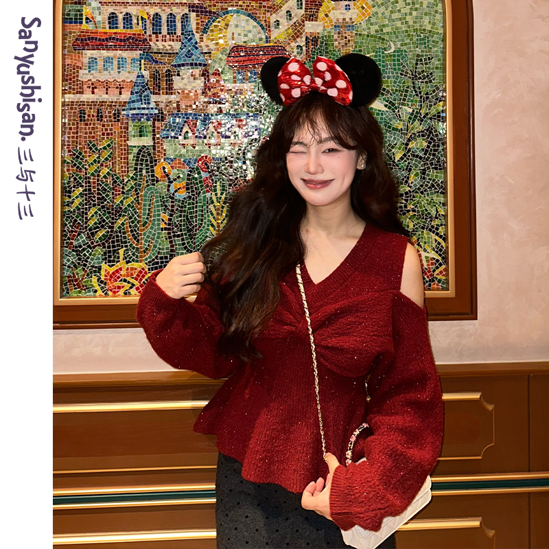 三与十三|浪漫米妮|秋季慵懒感V领立体蝴蝶结红色针织衫